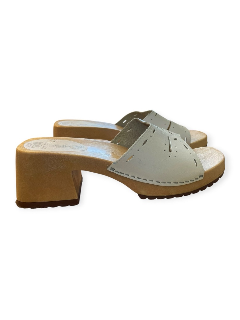 Feather Craft Cutout White Leather Wooden Clog Sandals